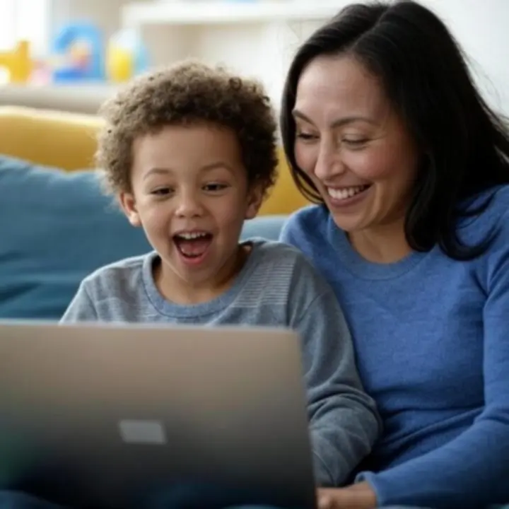 Rodzina finalizująca zakup zabawek w sklepie internetowym