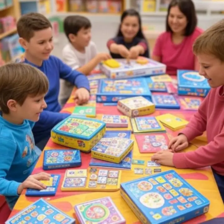 Dzieci grające w kolorowe gry edukacyjne przy stole