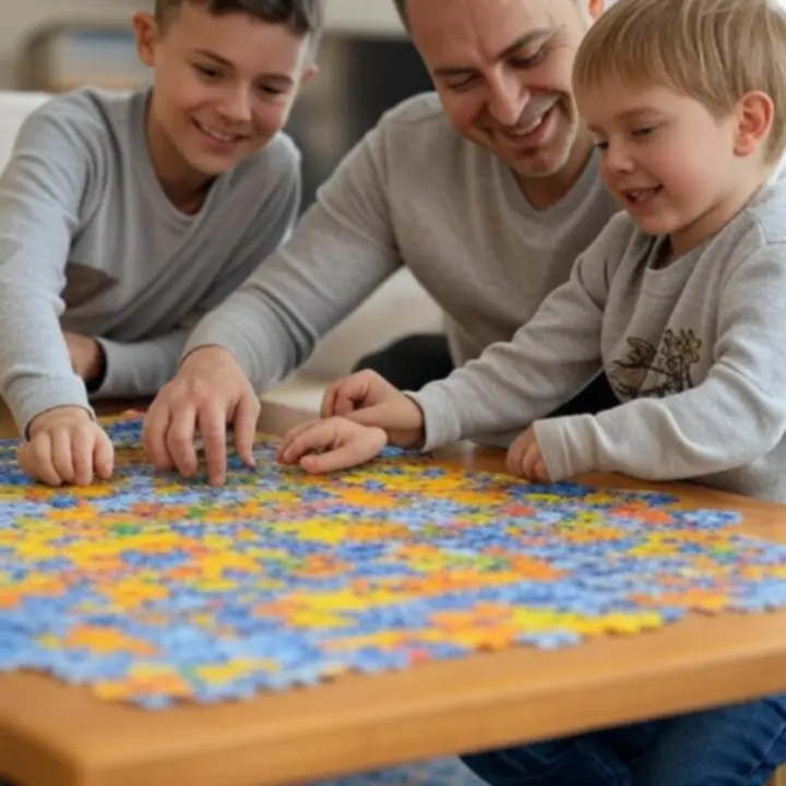 Rodzina wspólnie układająca puzzle na dywanie