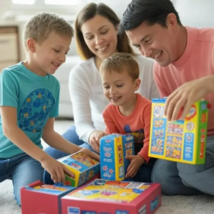 Rodzina wspólnie otwierająca pudełko z zabawkami