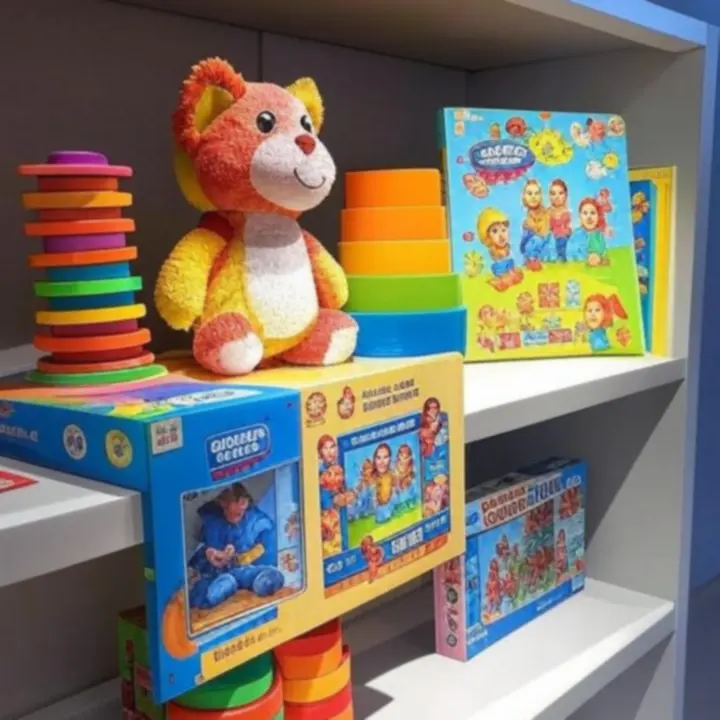 Zestaw kolorowych, polecanych zabawek miesiąca: gry, puzzle i zabawki kreatywne