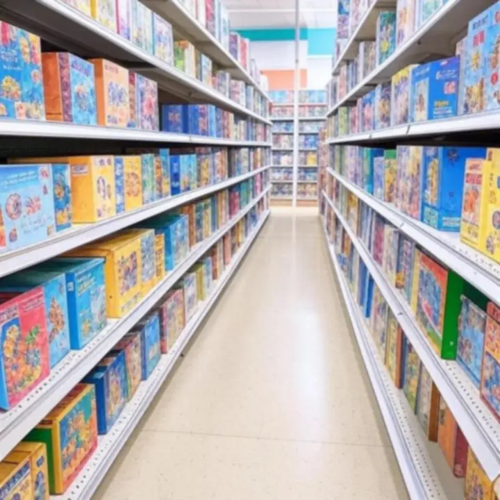 Kolorowa kolekcja gier planszowych i zabawek na półce