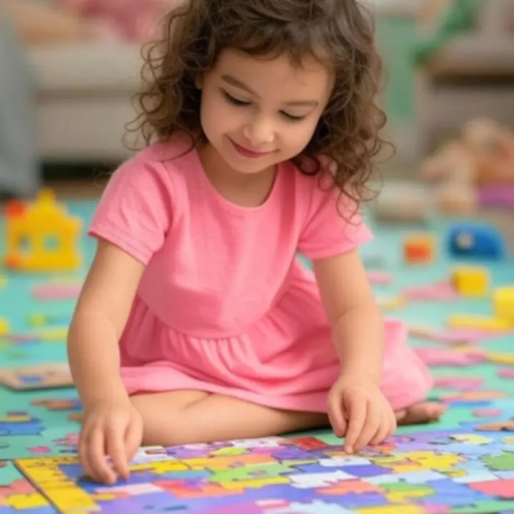 Dziewczynka układająca kolorowe puzzle edukacyjne na dywanie