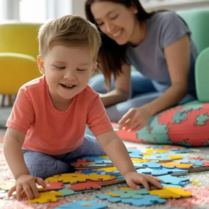 Kolorowe puzzle dla dzieci rozłożone w pokoju zabaw