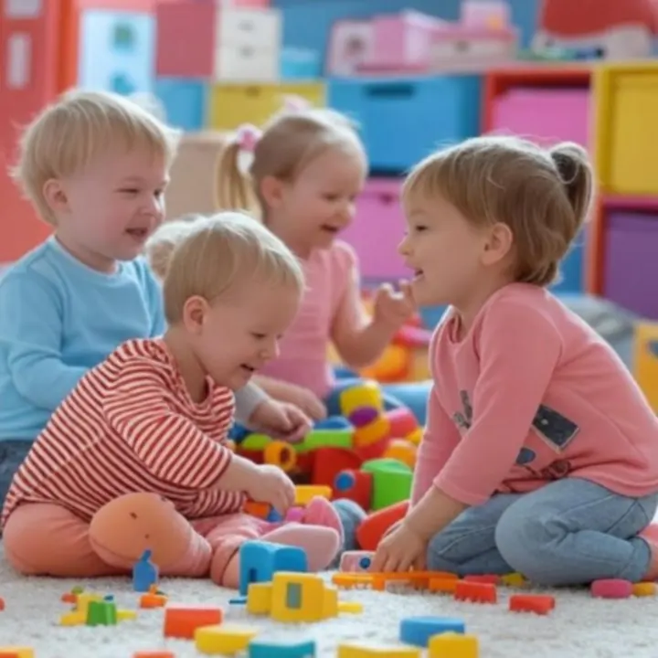 Dzieci bawiące się kolorowymi zestawami do zabawy przy stoliku