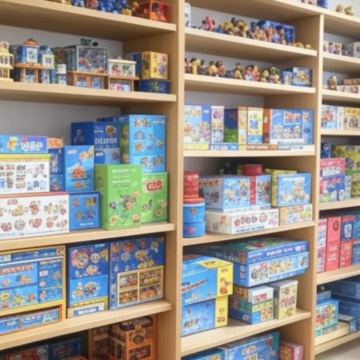 Kolorowa mozaika przedstawiająca różne kategorie zabawek: gry, puzzle, zestawy kreatywne i figurki