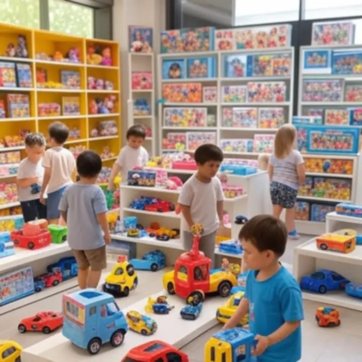 Kolorowa ilustracja sklepu z zabawkami pełnego gier, puzzli i zestawów kreatywnych